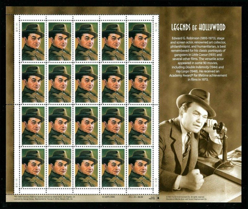 3446 Edward G Robinson Sheet of 20 33¢ Stamps Legends of Hollywood 2000