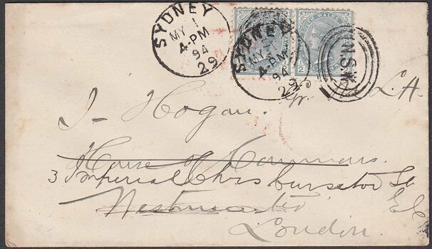 NEW SOUTH WALES 1894 ½d pair on cover Sydney to London......................Q445