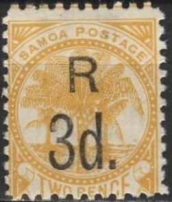 Samoa 25b (used) 3p on 2p palms, yellow w/black ovpt (1895)