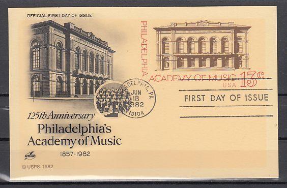 United States, 1982 issue. Academy of Music Postal Card with First day cancel.