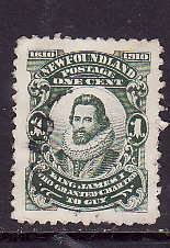 Newfoundland-Sc#87-used 1c deep green King James I -1910-id#12 -