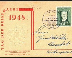 AUSTRIA MUSIC Card ZEIHRER 20g *COMPOSER* 1948 Stamp Day Postmark {samwells}V172