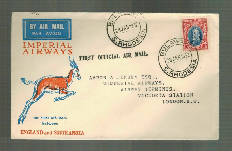 1932 Bulawayo Rhodesia First Flight Cover FFC to London England Imperial Airways