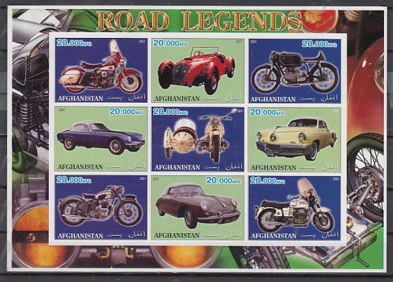 Afghanistan, 2000 Cinderella issue. Cars & Motorcycles, IMPERF sheet. ^
