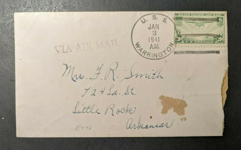 1941 USS Warrington Navy Airmail Cover to Little Rock Arkansas Ship Cancel