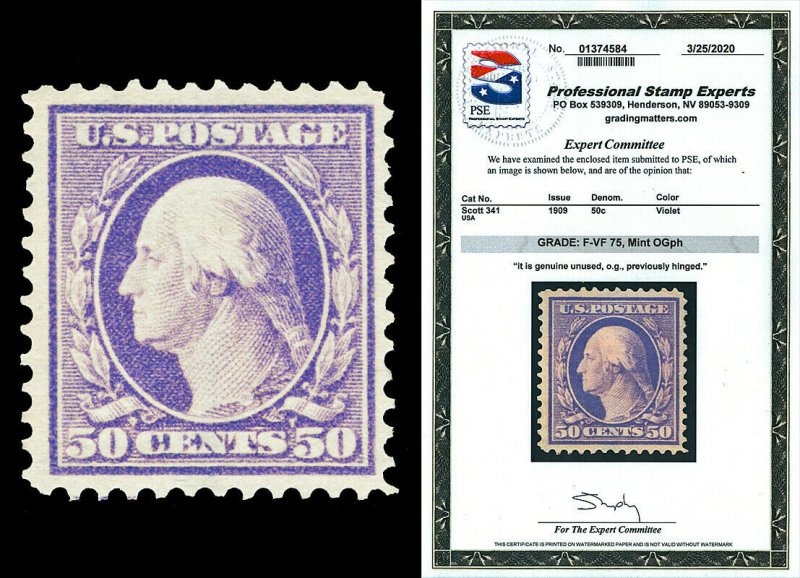 Scott 341 1909 50c Washington Issue Mint Graded F-VF 75 LH with PSE CERT! 