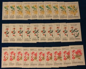 Argentina 3 diff mnh stamps 10 of each flowers 1522, 1523, 1524