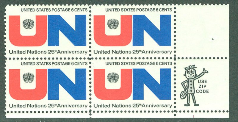 USA # 1419 U.N. Anniversary - ZIP block/4  LR  (1) Mint NH