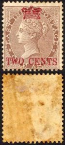 Straits Settlements SG2 2c on 1a Deep Brown M/M (toned gum) Cat 250  pounds