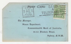 AUSTRALIA, KGV 1d. Green, Postal Card,1933 Commonwealth Bank, Pay Envelope Order