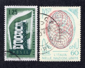 Italy 1956 25 l Europa & 60 l UN Issues, Scott 715, 719 used, value = 50c