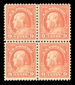 United States, 1910-30 #509 Cat$72, 1917 9c salmon red, block of four, top st...