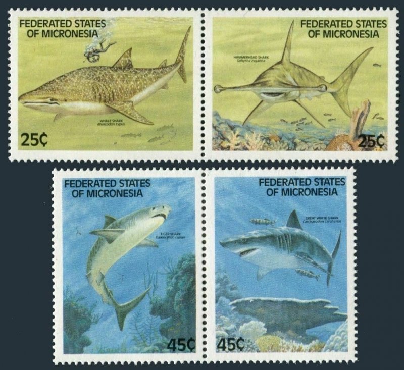 Micronesia 77-80a pairs,MNH.Michel 128-131. Sharks 1989:Whale,Hammerhead,Tiger,