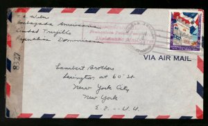 Dominican Republic 1944 cover. Censored airmail via US Embassy to New York