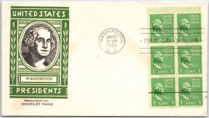 U.S. FIRST DAY COVER PREXIES 1c WASHINGTON BOOKLET PANE OF (6) STAEHLE 1939