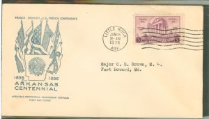 US 782 1936 3c Arkansas Centennial (single) on an addressed (typed) first day cover with an Arkansas Centennial Commission cache