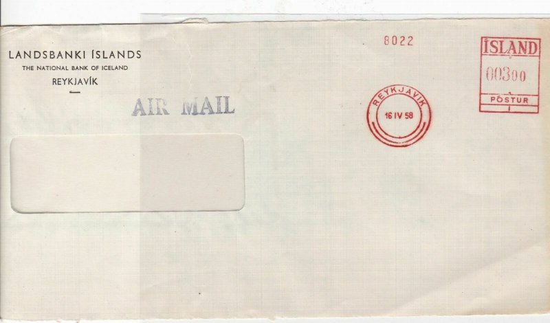 iceland 1958 machine cancel stamp cover front Ref 10041