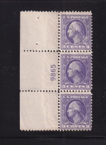 1918 Sc 530 3c purple MNH OG plate number strip of 3 (plate block CV $55) (A9