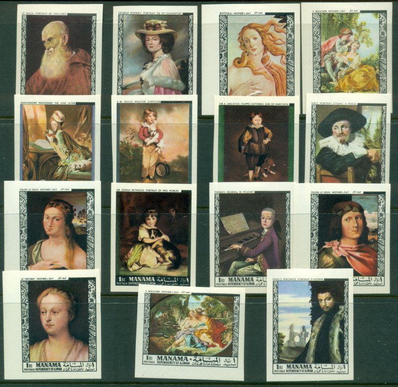 Manama 1968 Mi#432B-446B Paintings by Old Masters IMPERF MLH