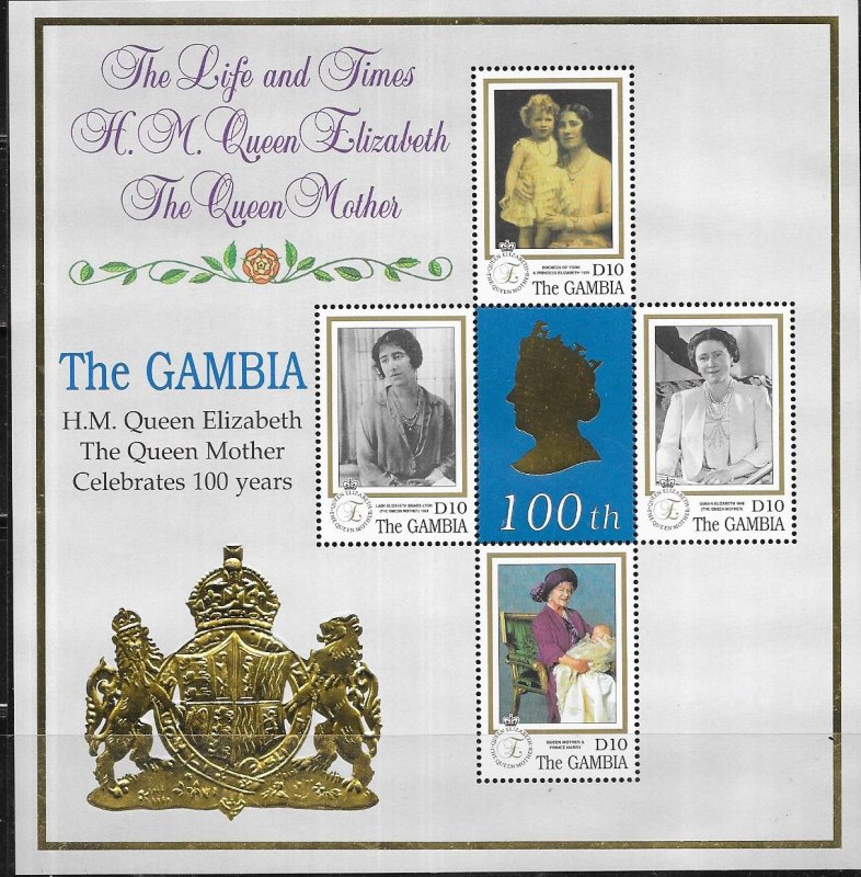 Gambia #2145   Queen Mother's 100th (MNH) sheet of 4 CV 7.25