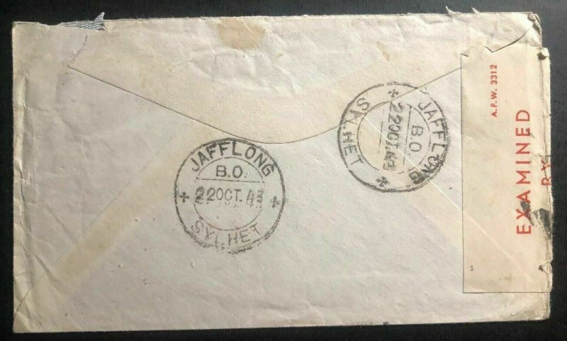 1943 Penjwin Iraq Indian Base FPO Censored Airmail OAs Cover To Sylhet India