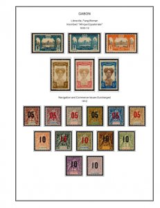 COLOR PRINTED GABON 1886-1933  STAMP ALBUM PAGES (14 illustrated pages)