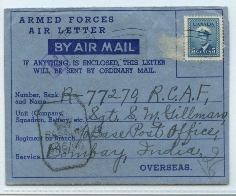 Secret messages censored under stamps 1943 Military > INDIA air letter Canada