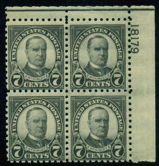 US #588 7¢ black, p. 10, Plate No. Block of 4, og, NH, VF, Scott $425.00