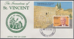 ST VINCENT GRENADINES Sc # 963 FDC KONRAD ADENAUER VISITS the WESTERN WALL