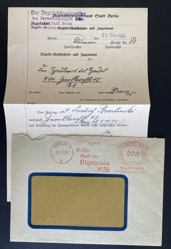 1935 Berlin Germany Olympics Meter Cancel Window Cover With Letter