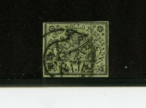 Italy-Roman States #3 (IT227) Papal Arms 2b on greenish paper, U, FVF,, CV$65.00