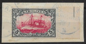 CAROLINE ISLANDS SG25 1901 5m CARMINE & BLACK USED ON PIECE