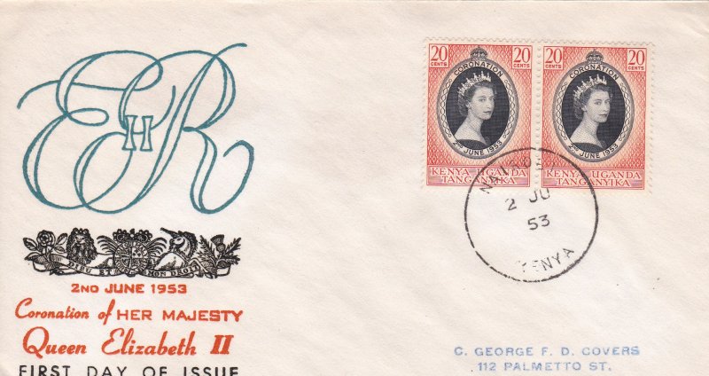 Kenya Uganda Tanganyika # 101 Queen Elizabeth's Coronation First Day Cover,