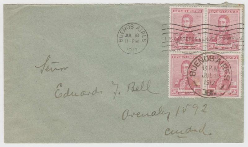 ARGENTINA 1917 Sc 225 BLOCK OF FOUR ON COVER BUENOS AIRES B Jul 18 DUPLEX CNCL