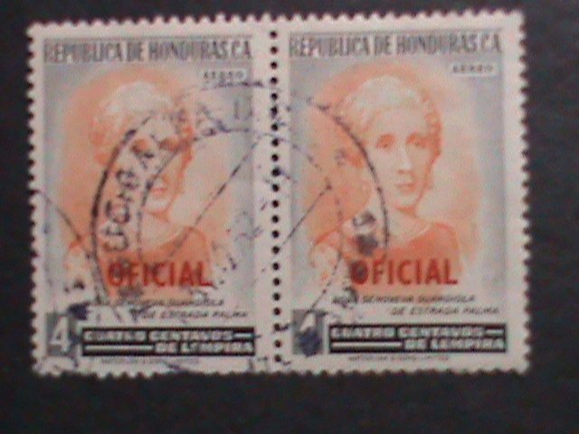 HONDURAS-1952 OFFICIAL STAMPS- CTO PAIRS-NH VF WITH FANCY CANCEL