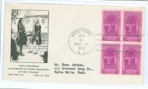US 854 1939 3c Washington Inauguration/150th anniversary (block of four) on an addressed (typed) FDC with a Crockett/Davenport c