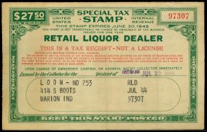 U.S. REV. STAX -RET. LIQ. DEALER FYE 1945  Used (ID # 61835)- L