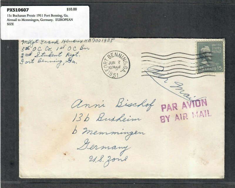 1951 Prexie Cover 15c Buchanan Fort Benning GA Airmail