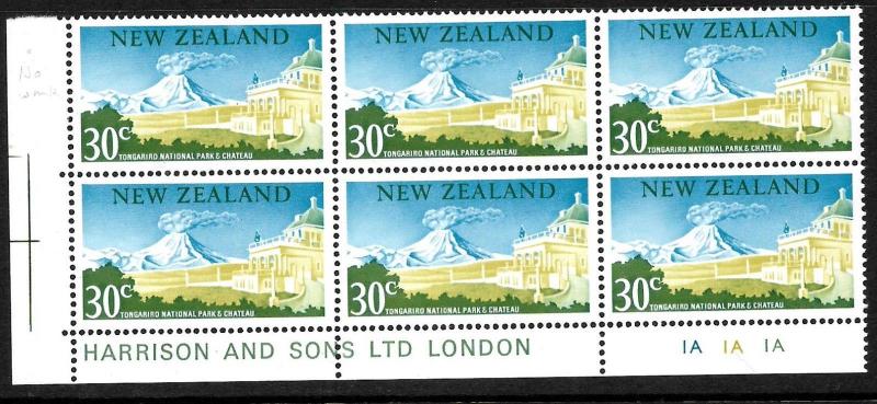 NEW ZEALAND 1967  30c PICTORIAL MNH   PLATE BLK 6   #1A 1A 1A   NO WMK  CP OD15b