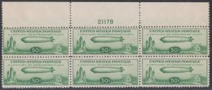 #C18 VF OG NH GUM SKIPS PLATE #21178 BLOCK OF 6 DURLAND CV $900.00 HV7275