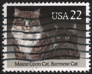 SC#2374 22¢ Cats: Maine Coon Cat, Burmese Cat Single (1988) Used