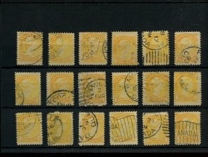 ?Various cancels on 18 x 3 cent SMALL QUEENS used Canada