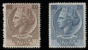 italy #661-662 Cat$125, 1954 100L brown and 200L deep blue, never hinged