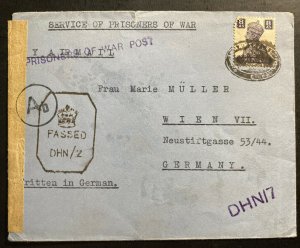 1940s Dehra Dun India POW Prisoner Of War Camp Censored Cover to Vienna Germany