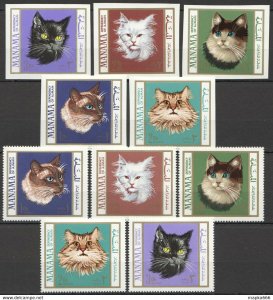 Imperf,Perf 1968 Manama Cats Domestic Animals #(107-111)A+B 2Set ** Ar104