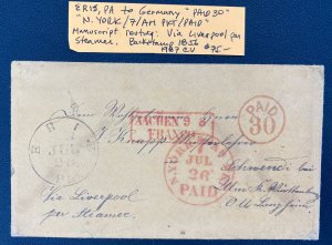 1850s Erie PA Usa Maritime Mail Stampless Cover To Ulm  Germany