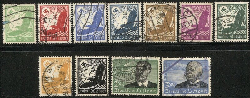 GERMANY 1934 Sc C46-C56  Used, VF Airmail set of 11, Count von Zeppelin, cv $80+