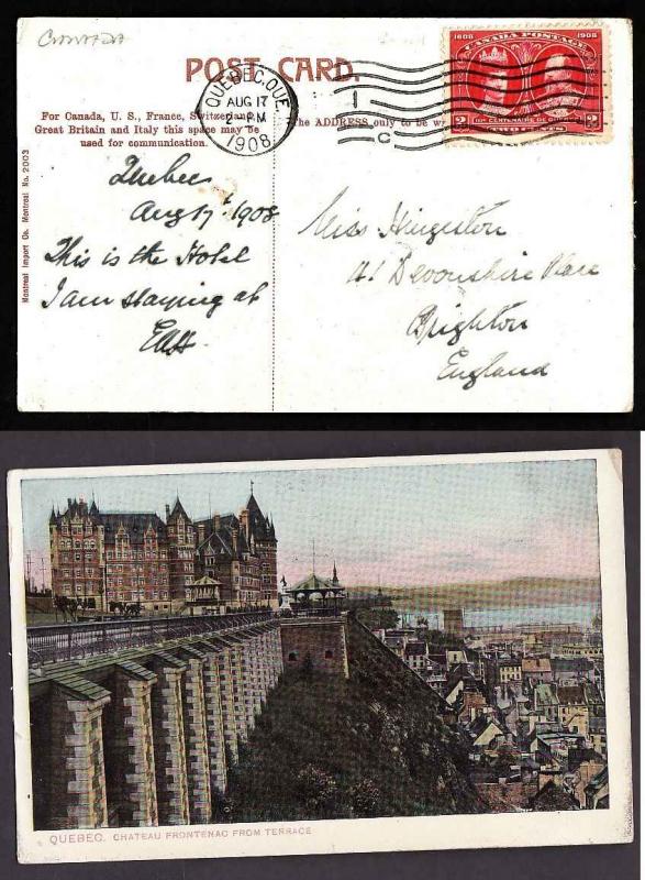 Canada #8363 -2c Tercentenary on p/c to England-Quebec,Que-Aug 17 1908-