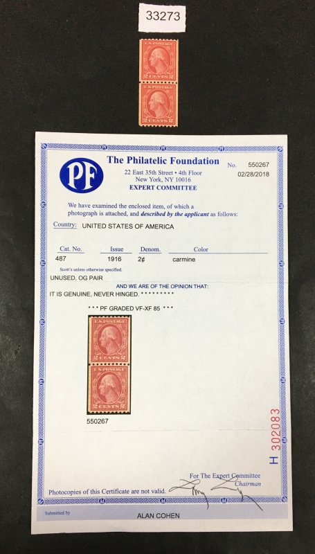 US STAMPS # 487 MINT OG NH **PF GRADED VF-XF 85 CERT** SMQ $85 LOT #33273
