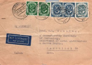 1953 WEST GERMANY COMMERCIAL MAIL HAMBURG TO M.I.T. CAMBRIDGE MASS MULT FRANKING